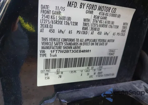 2016 Ford F-250 Lariat from USA, damaged, VIN 1FT7W2BT3GEB48981